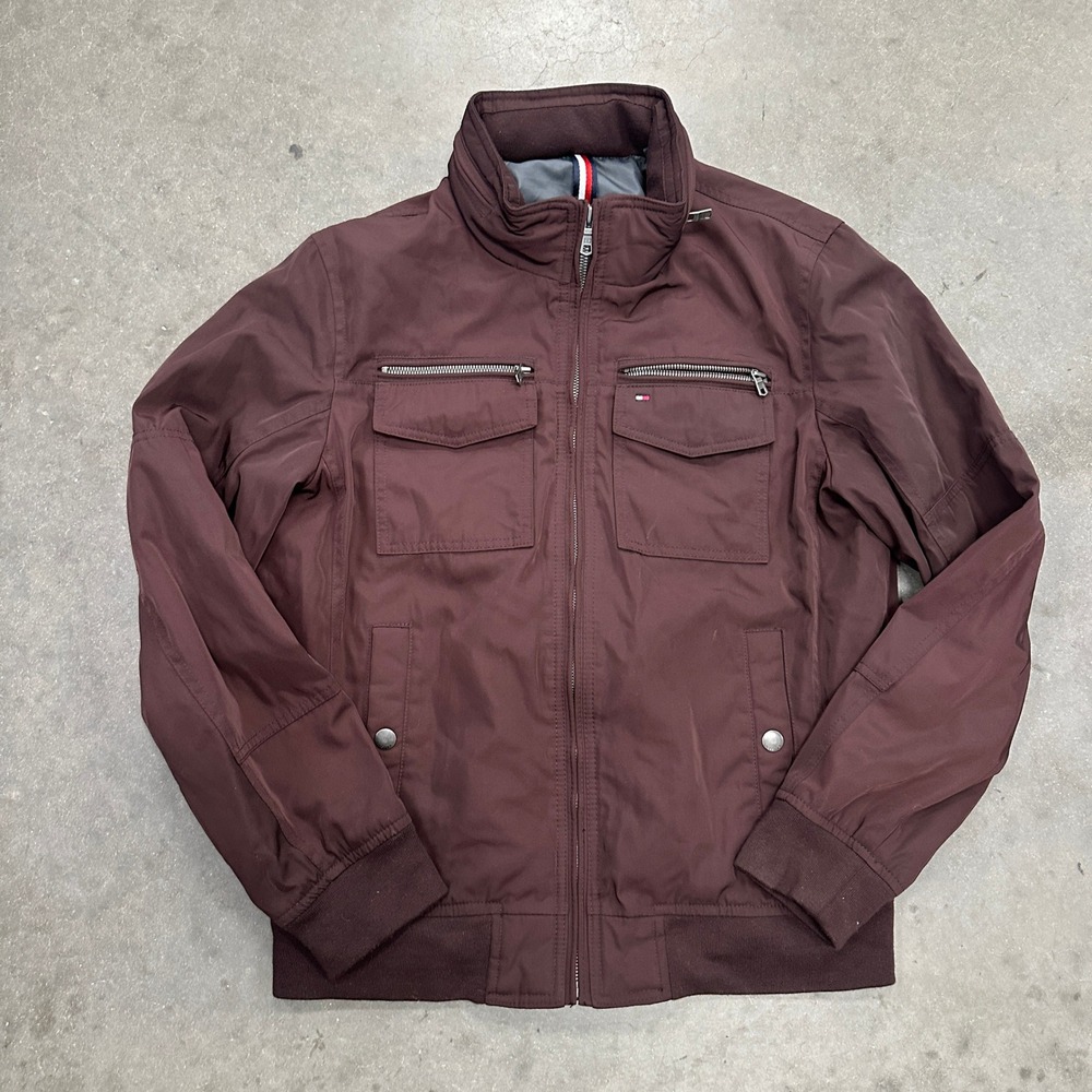 Tommy Hilfiger Mens Water Wind Resistant Jacket Brown Burgundy Medium Zip Up